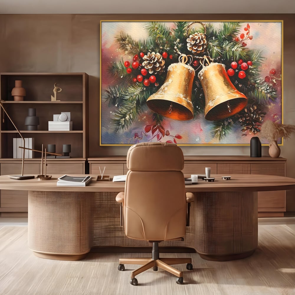 Tablou canvas cu tablou canvas cu clopotei aurii si conuri, in rama de aluminiu auriu, pe perete intr-un birou